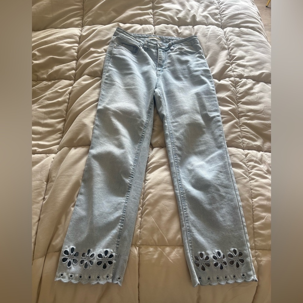 Light Blue Cropped Ankle Length Jeans with Floral Embroidered Cutouts On Bottom